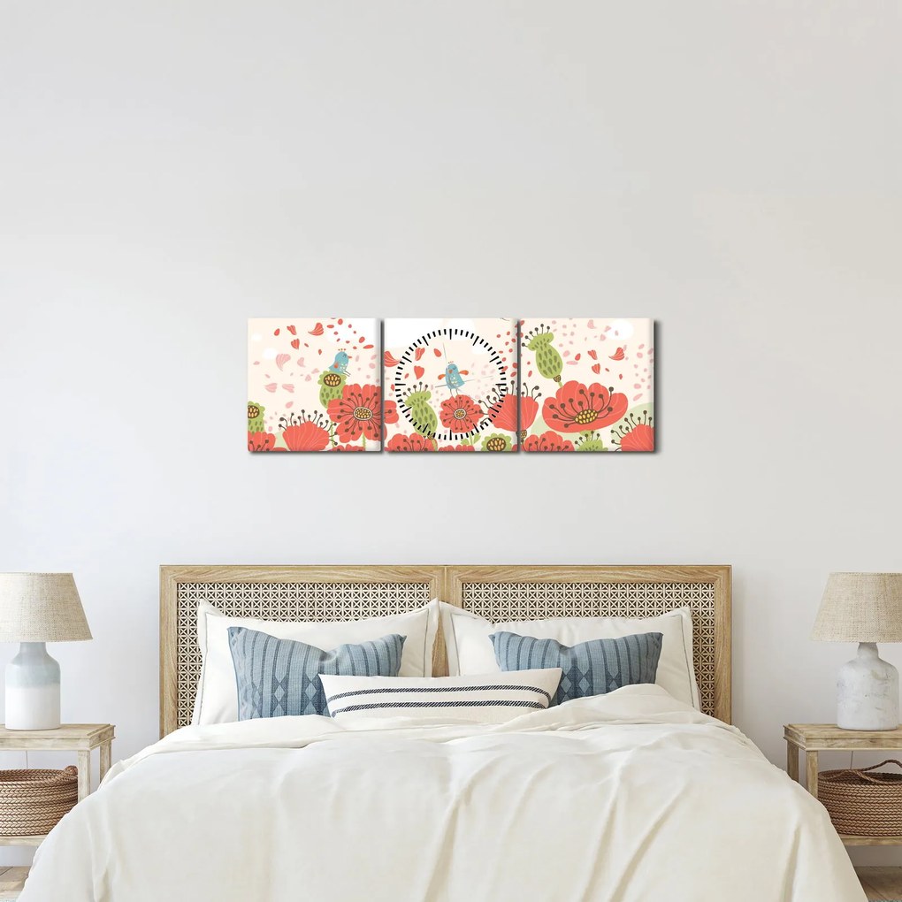 Obraz - Ptaszki na kwitnącej łące (z zegarem) (90x30 cm)