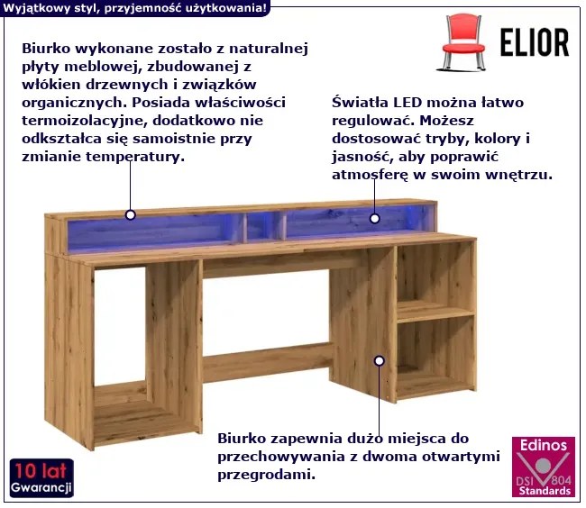 Podświetlane biurko 200 cm dąb artisan - Fixi