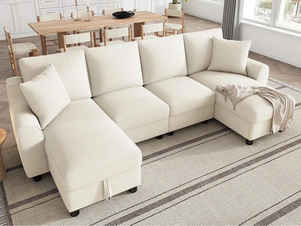 Nowoczesna sofa narożna w kształcie U 280×137×84 cm - zawiera dwie poduszki - z miejscem do przechowywania - tkanina chenille - beżowa