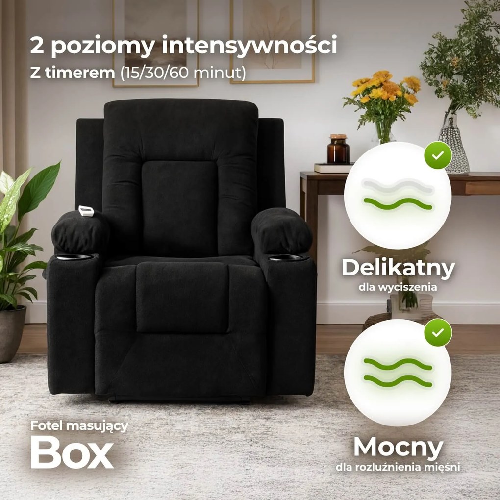 Fotel Masujący BOX 2 Rozkładany z Podnóżkiem Czarny Nowoczesny