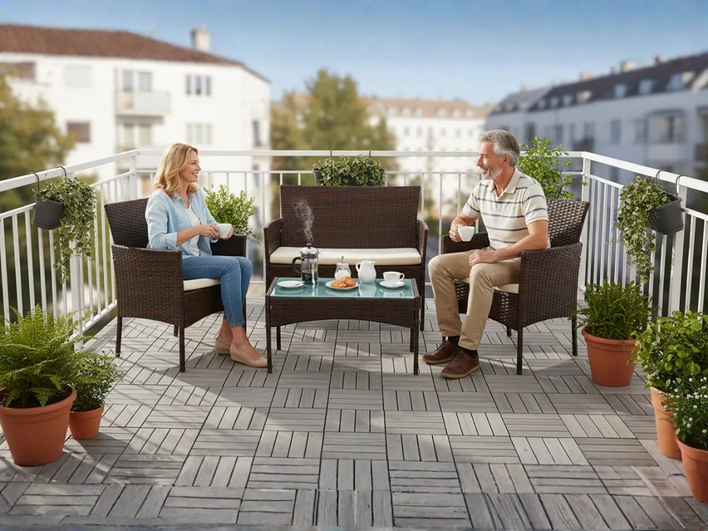 Zestaw mebli z technorattanu (2 x fotel, sofa + stolik) COMODO brązowy