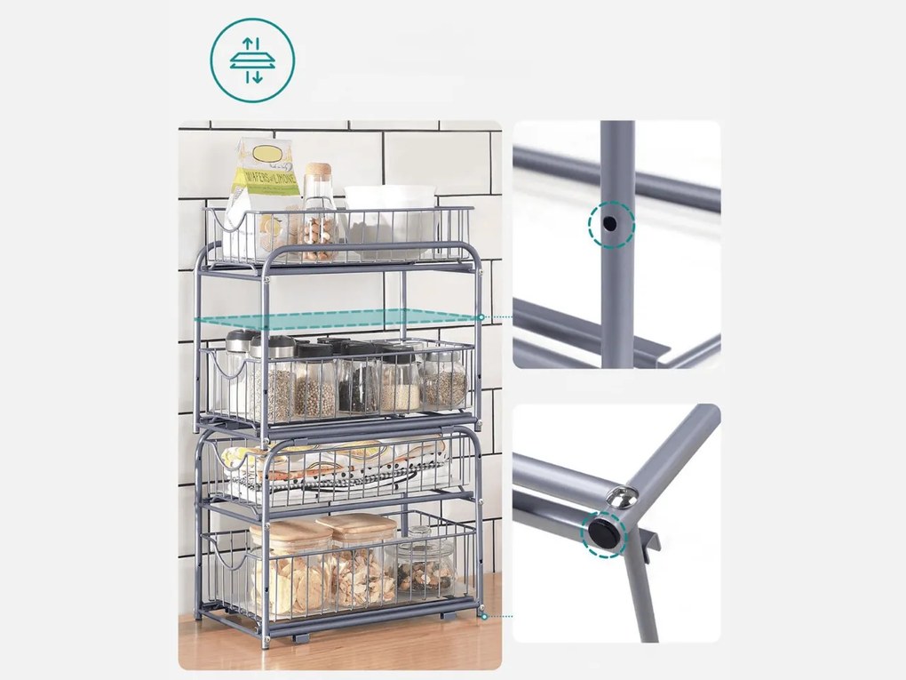 Organizer z wysuwanymi koszami SOLIDO do układania w stos, szary