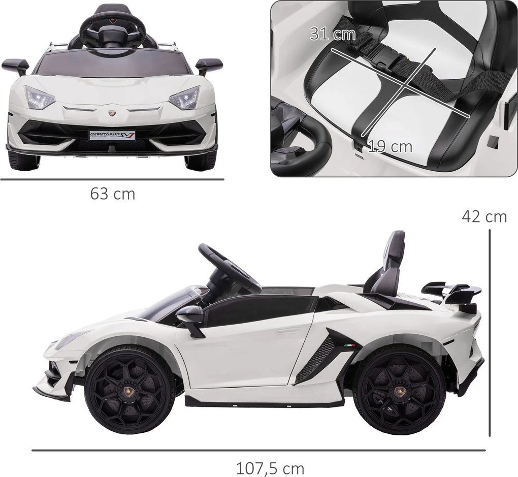 HOMCOM Elektryczny samochód dla dzieci, licencyjny Lamborghini Aventador, drzwi skrzydłowe, muzyka, klakson, dla 3-5 lat, Biały