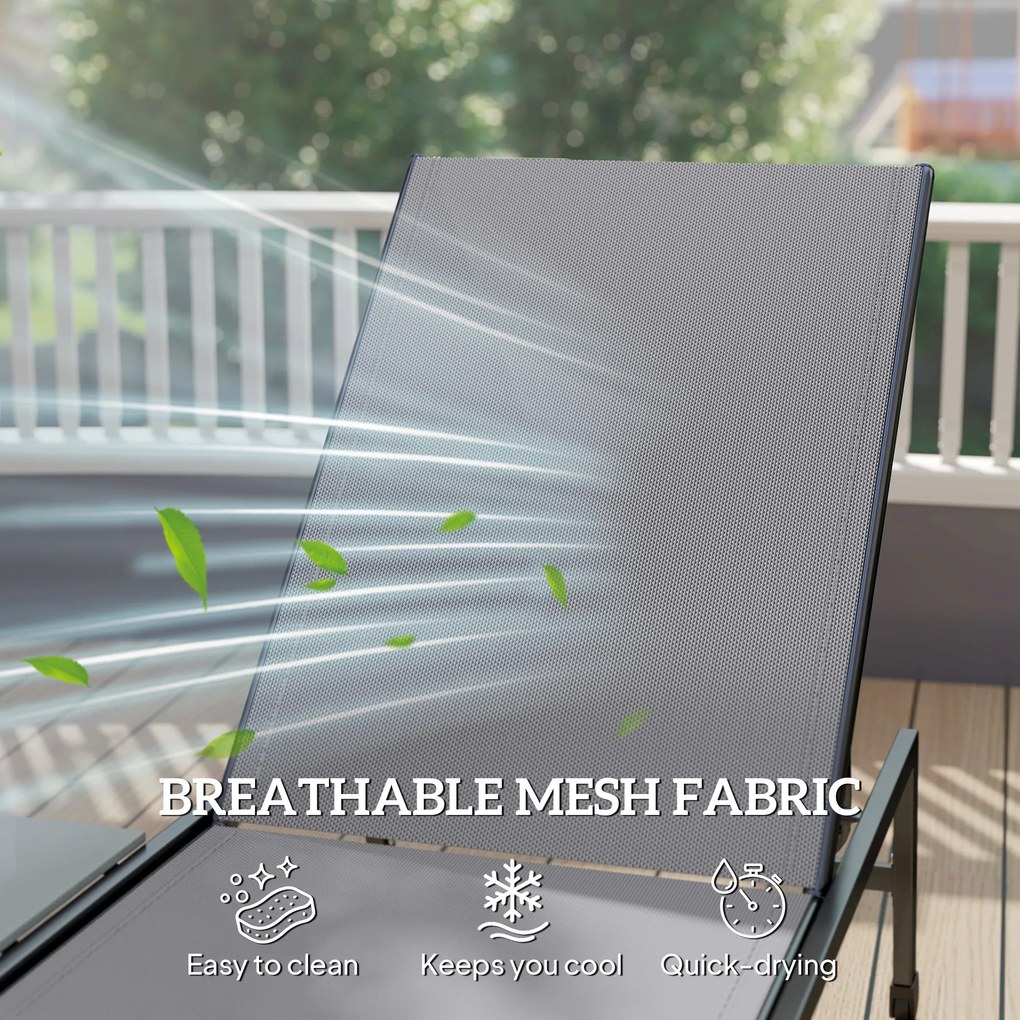 Outsunny Zestaw 2 Leżaków Ogrodowych z 5-stopniowo Regulowanym Oparciem, Bocznym Stolikiem, Kółkami, Antypoślizgowe Nogi Szary | Aosom PL