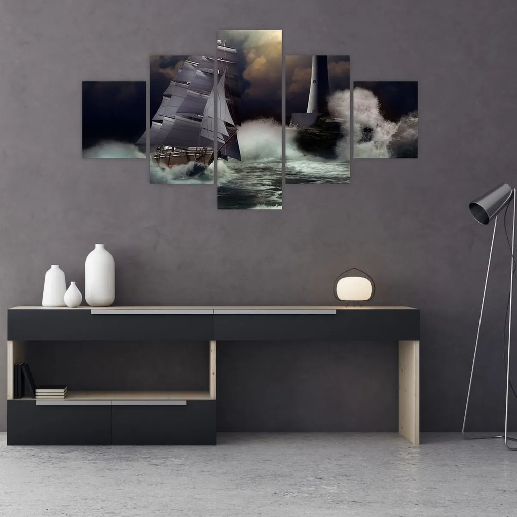 Obraz - Statek płynący przez wzburzone fale (125x70 cm)
