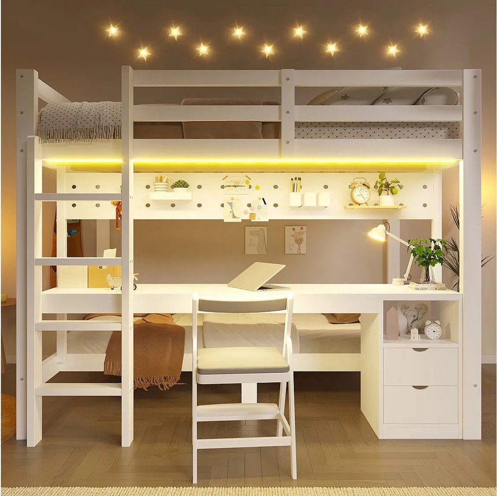 Łóżko piętrowe Enfamt - 90 x 200 cm + 140 x 200 cm - z diodami LED + biurko + szuflady - drewno - białe