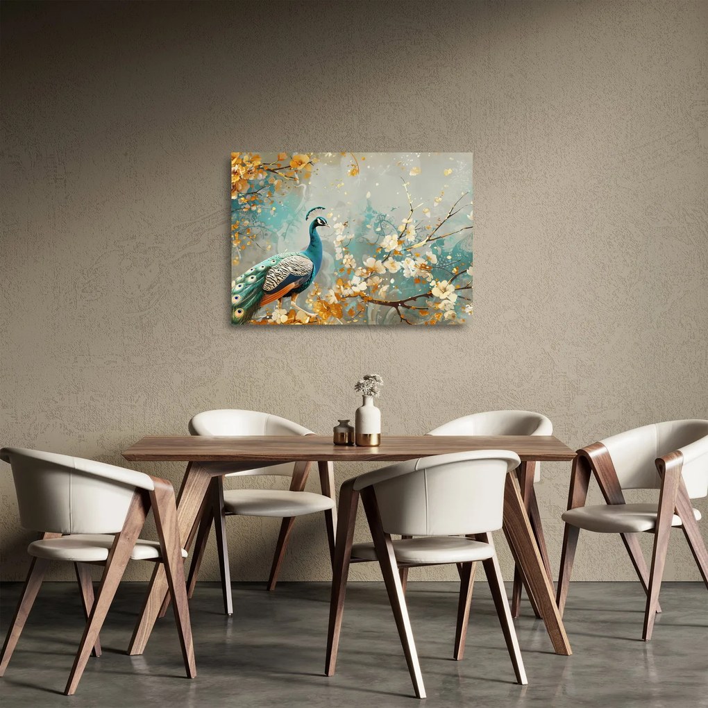 Obraz na szkle - Paw ze złotą dekoracją (70x50 cm)