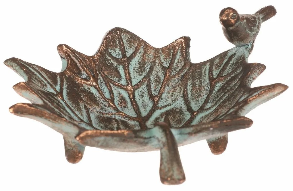 Metalowa pićka Liść klonu z ptaszkami Romance, 17x 16 x 6 cm, miedziana