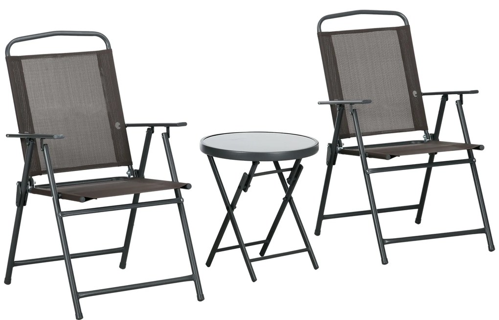 Outsunny Zestaw bistro 3-częściowy z metalu odpornego na warunki atmosferyczne z krzesłami ogrodowymi i składanym stolikiem ze szkłem brązowy