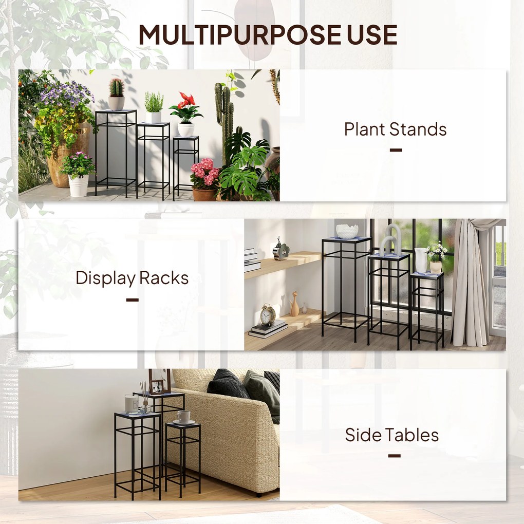 Outsunny Zestaw 3 stojaków na rośliny, 3 różne wielkości dla prezentacji kwiatów i innych przedmiotów, Niebieski+Biały