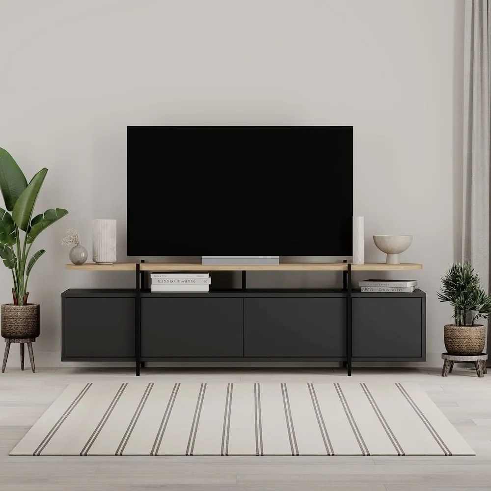 Czarna szafka pod TV w dekorze dębu 160x48 cm Hinoa – Marckeric