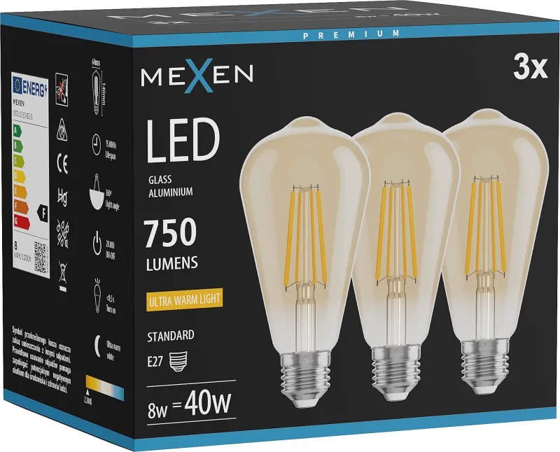 Mexen Vintis 3x żarówka filament LED E27, ST64, 8W, Ciepła - 2200K, 750 lm, amber - L152-E27-0822-50x03