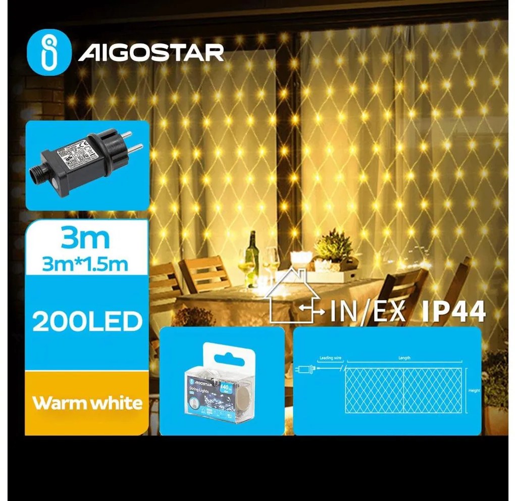 Aigostar - LED Zewnętrzny łańcuch bożonardzeniowy 200xLED/8 funkcji 6x1,5m IP44 ciepła biel