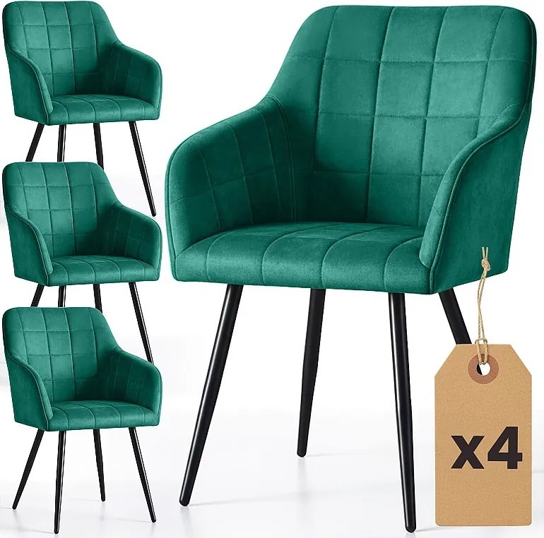 4x Krzesło tapicerowane z przeszyciami kwadratowymi Butelkowa Zieleń LUXANO Czarne nogi