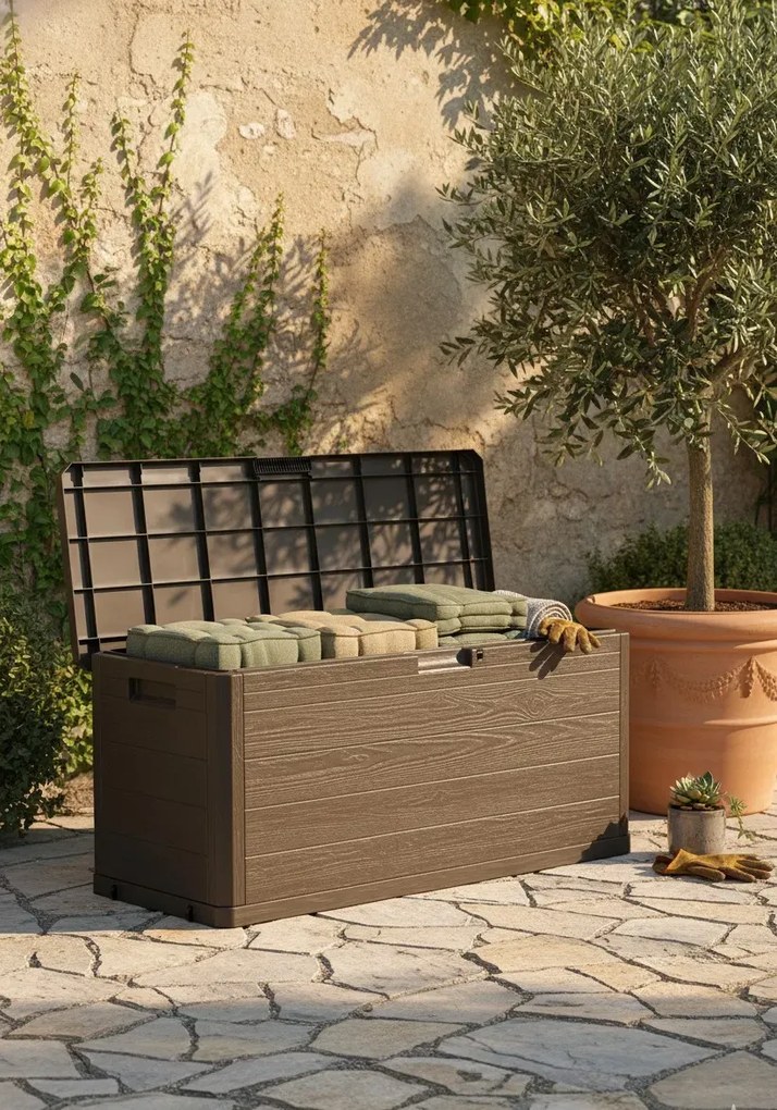Brązowa pojemna skrzynia do ogrodu M8-R07
