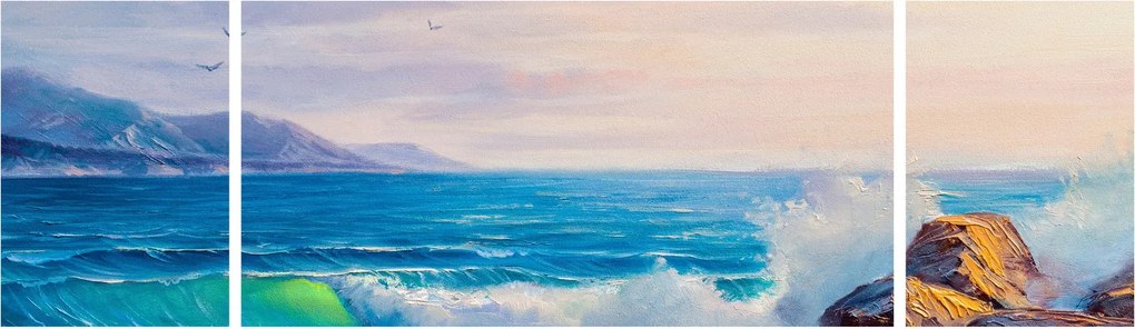 Obraz fal uderzających w klify, obraz olejny (170x50 cm)