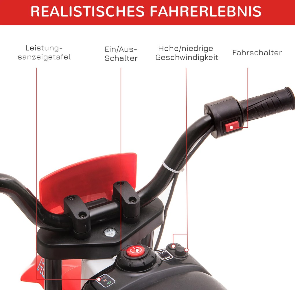 HOMCOM Motocykl Dla Dzieci, Elektryczny, 45 Minut Jazdy, z Kółkami Stabilizacyjnymi, od 3 Lat, Czerwony+Biały, 106,5 x 51,5 x 68 cm