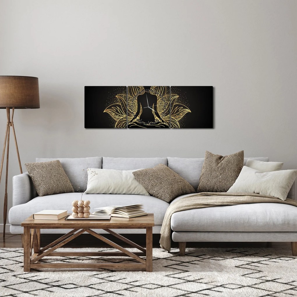 Obraz sylwetki w kwiecie lotosu (z zegarem) (90x30 cm)
