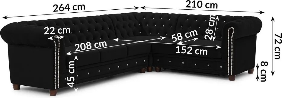 Czarny aksamitny rozkładany narożnik (prawostronny/w kształcie litery L) York Blik – Ropez