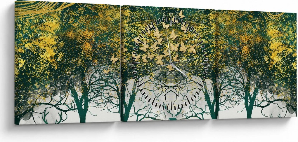 Obraz - Jelenie w zielonym lesie (z zegarem) (90x30 cm)