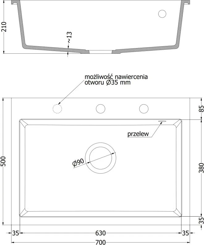 Mexen Elix zlewozmywak granitowy 1-komorowy 700 x 500 mm, biały, syfon złoty - 6526701005-20-G