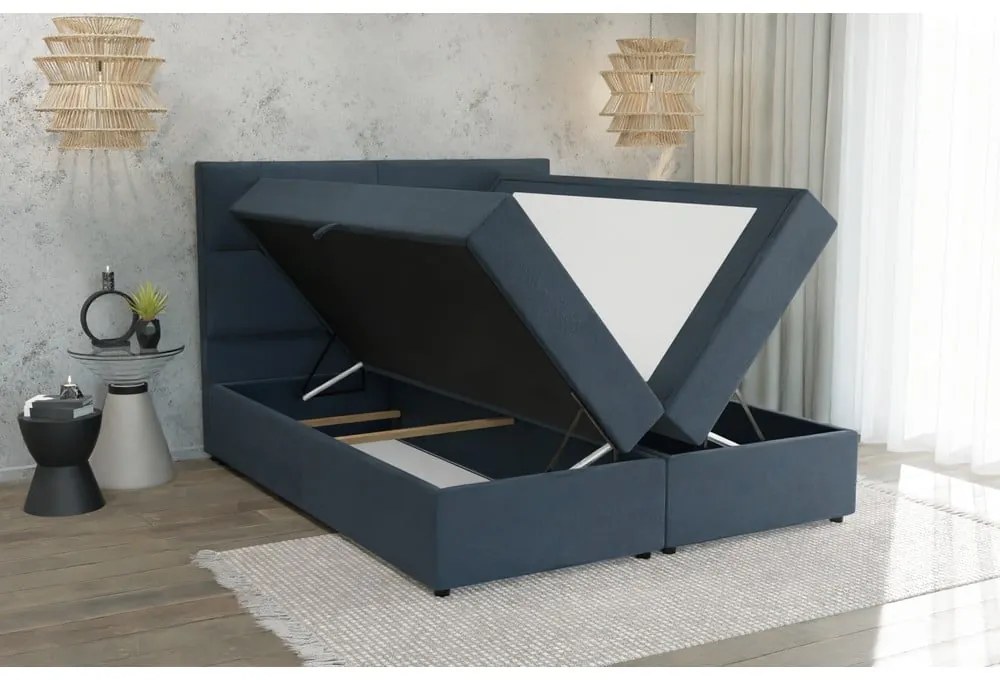 Ciemnoniebieskie łóżko boxspring ze schowkiem 200x200 cm Lola – Ropez