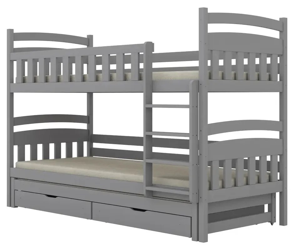 Łóżko piętrowe JULITA 160x80 szare drewniane trzyosobowe z szufladami KOCOT KIDS