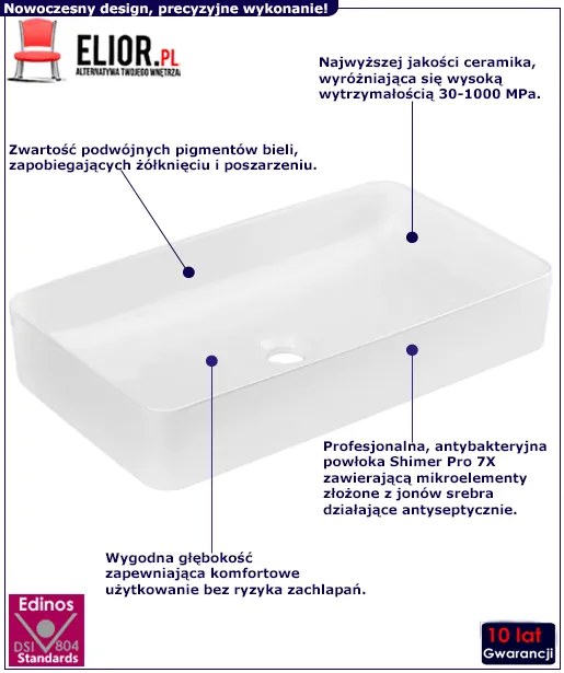 Biała prostokątna ceramiczna umywalka nablatowa - Bono