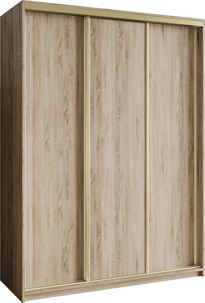 Szafa Przesuwna NISSE 150 cm Szafa Trzydrzwiowa z Szufladami Dąb Sonoma / Złote Profile