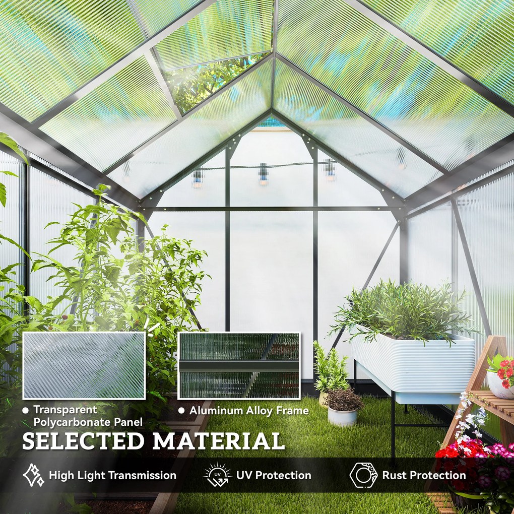 Outsunny Szklarnia Aluminium 3,65m² 190x192x201cm z Fundamentem, Otwieranym Dachem, Drzwiami Przesuwnymi, Panele 4 mm, UV-Ochrona | Aosom PL