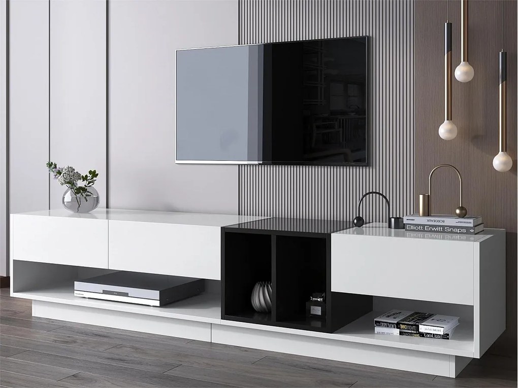 Meble TV 190 cm - 3 szuflady i 2 przegrody - biały połysk i czarny