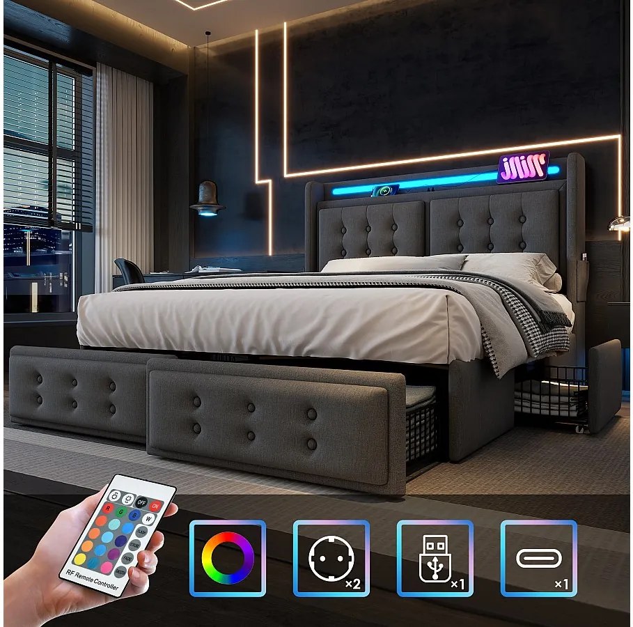 Łóżko tapicerowane 140 x 200 cm z 4 szufladami, zagłówkiem LED, gniazdem USB Type-C - Tkanina bawełniana - Szare (bez materaca)