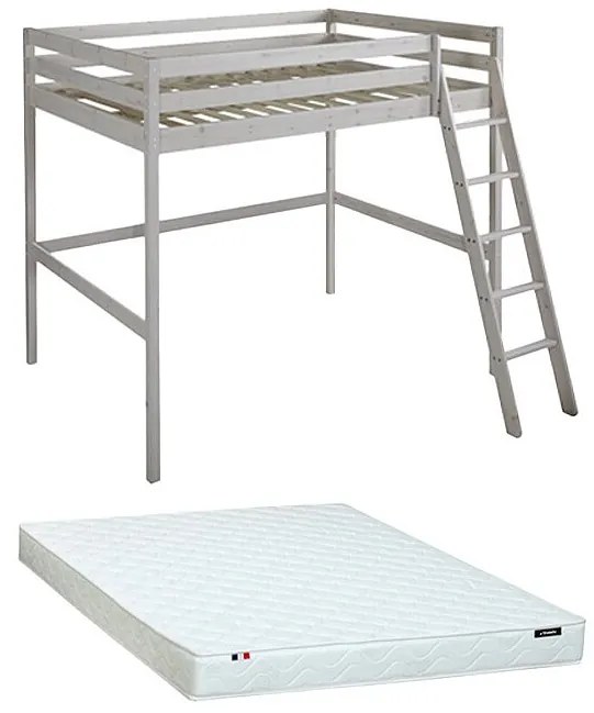 Łóżko antresola GEDEON - 140 × 190 cm - Lite drewno sosnowe - Bielone + materac