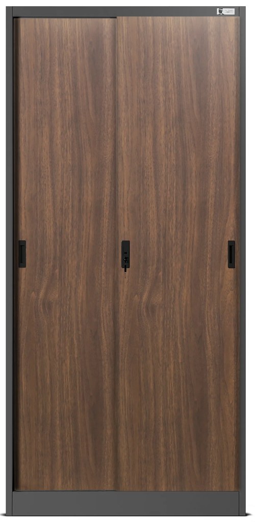 Biurowa szafa metalowa z drzwiami przesuwnymi KUBA, 900 x 1850 x 400 mm, Eco Design: antracytowa/ orzech