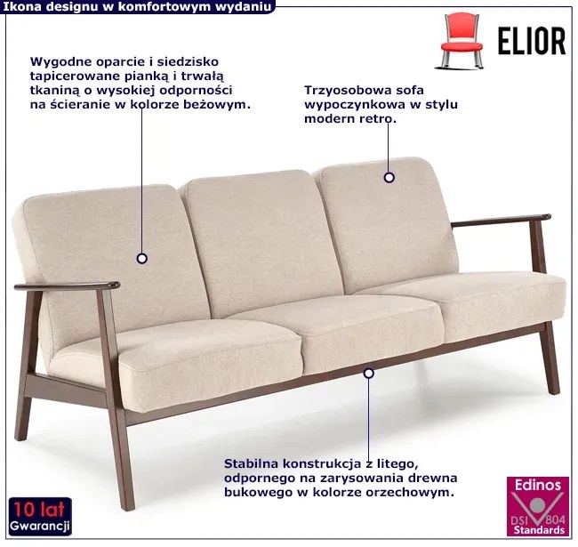 Beżowa trzyosobowa sofa w stylu vintage H6-M11