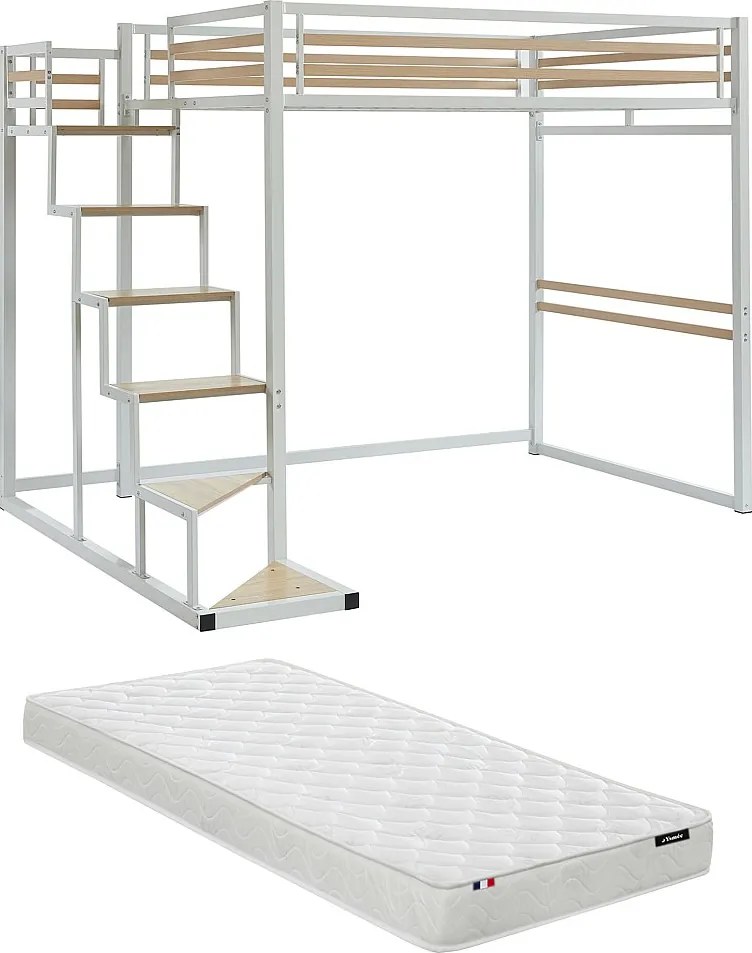 Łóżko antresola 140 x 200 cm - Metal i MDF - Biały + Materac - JOGUI