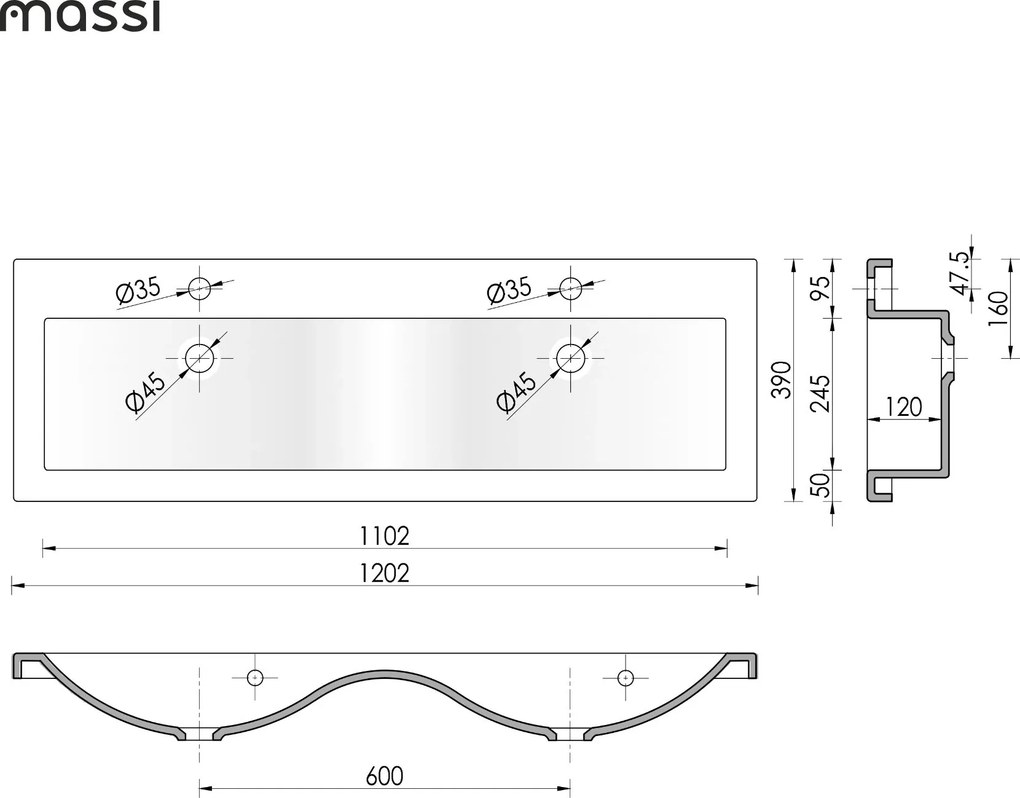 Umywalka wpuszczana w blat biała błyszcząca z konglomeratu WAVE DUO 120 cm