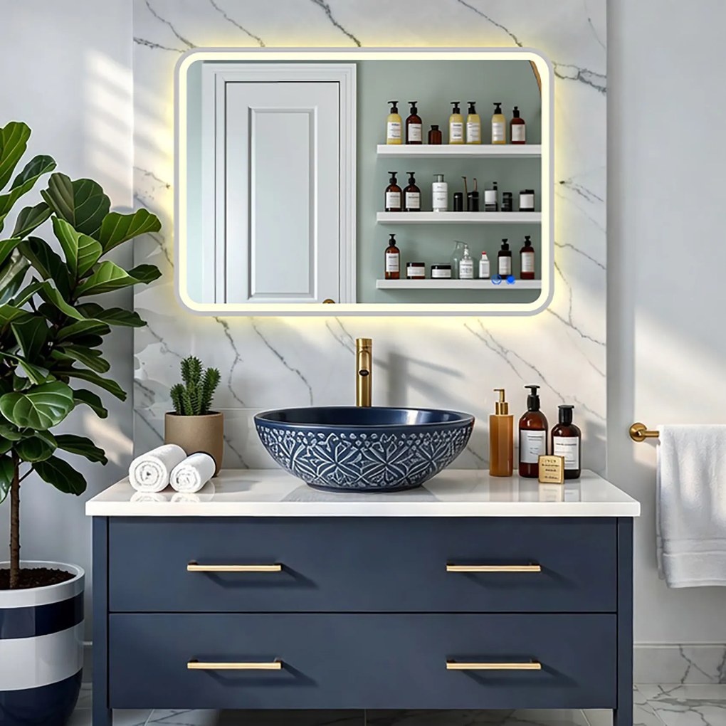 Zaokrąglone lustro podświetlane LEDowo - 80x60/100x70/120x70 cm w srebnej ramie aluminiowej