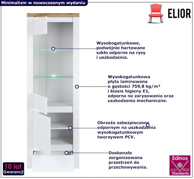 Nowoczesny słupek z witryną biały połysk z oświetleniem - Nelora 8X