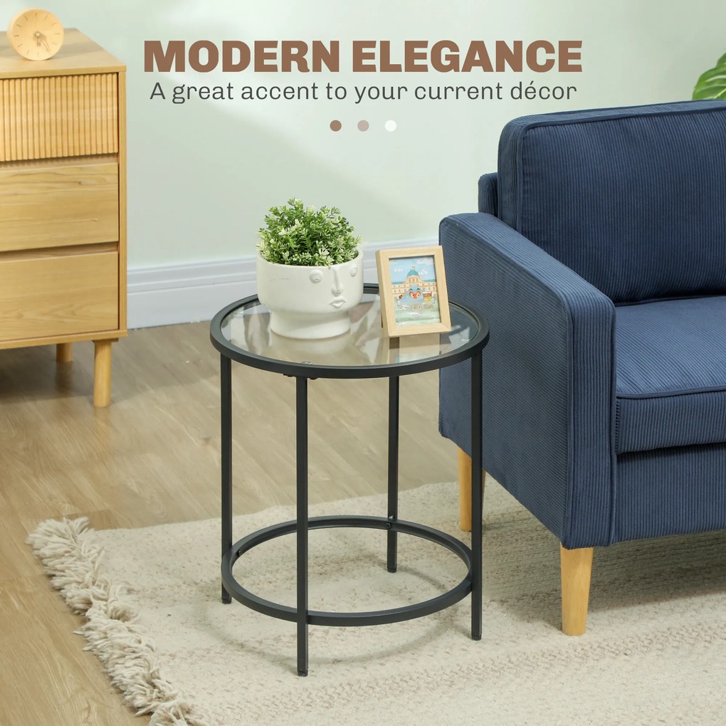HOMCOM Okrągły stolik boczny ze szklanym blatem i ramą metalową, mały stolik do salonu, sypialni, Czarny