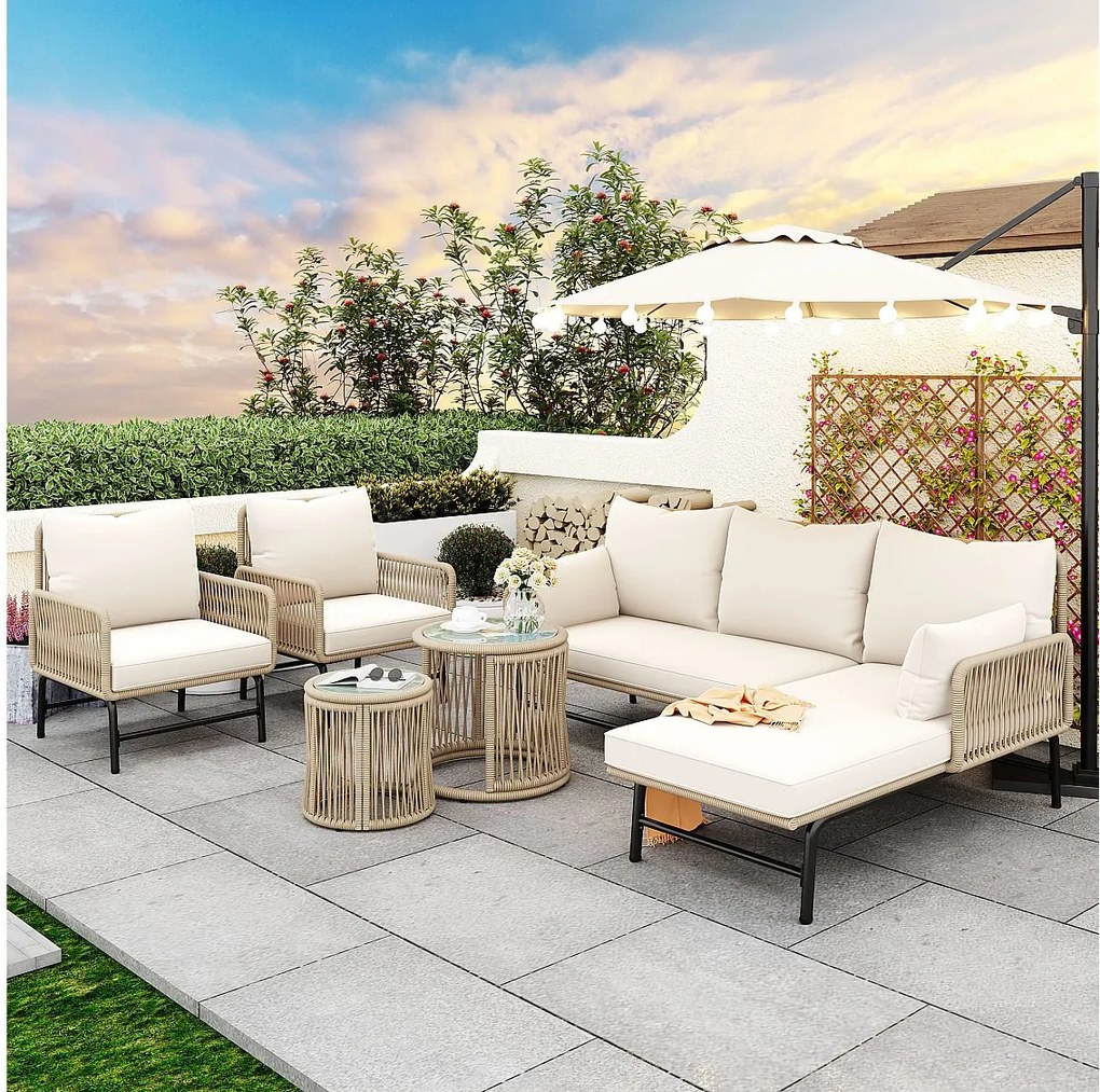 Zestaw mebli ogrodowych modułowych z żelaza i plecionej liny - 2 fotele, 2 sofy dwuosobowe i 2 stoliki - poduszki w zestawie - beżowy