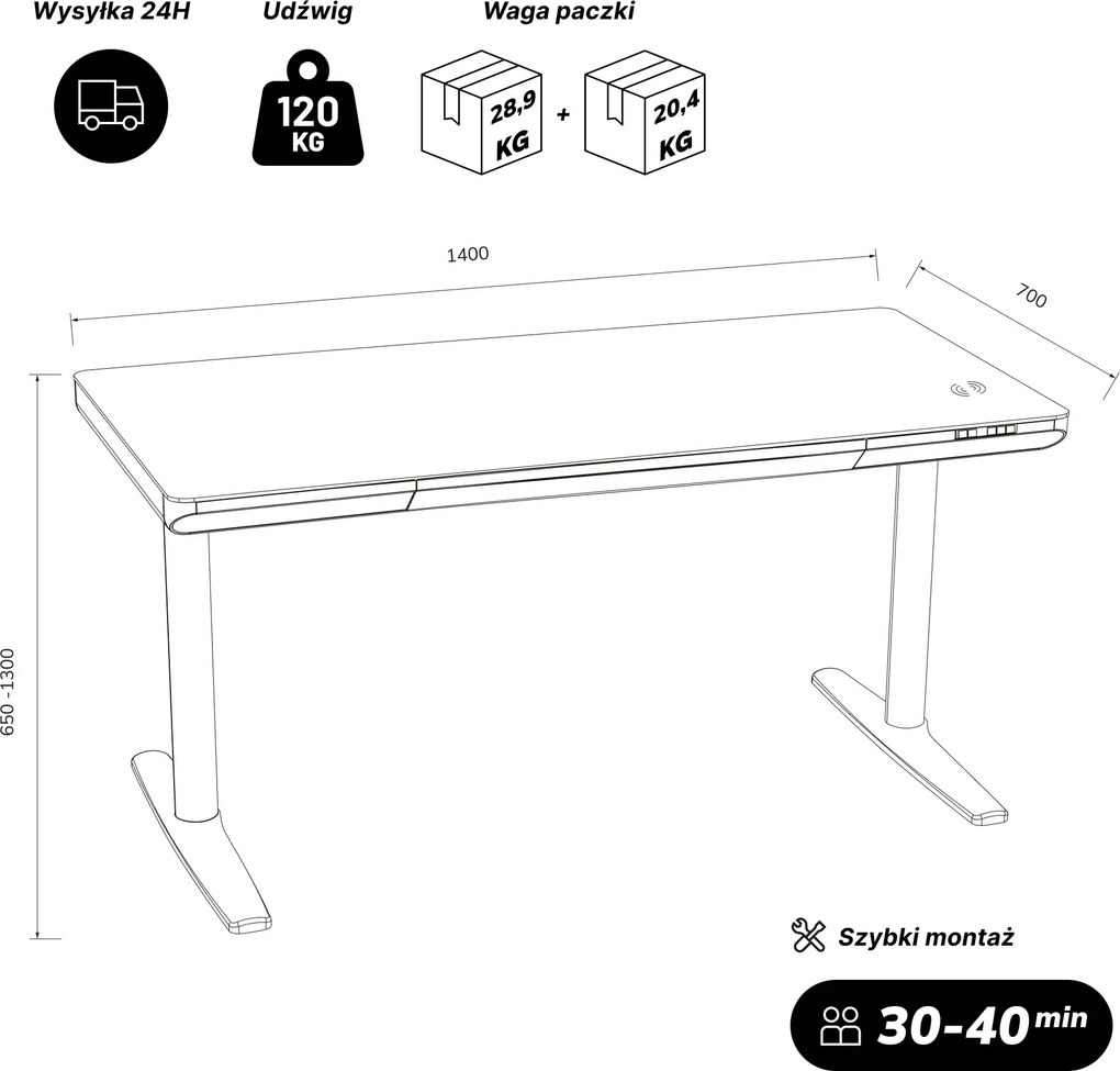 Biurko elektryczne sit-stand z szufladą i ładowarką bezprzewodową Qi czarne/orzech, 1400 mm: ELLIS