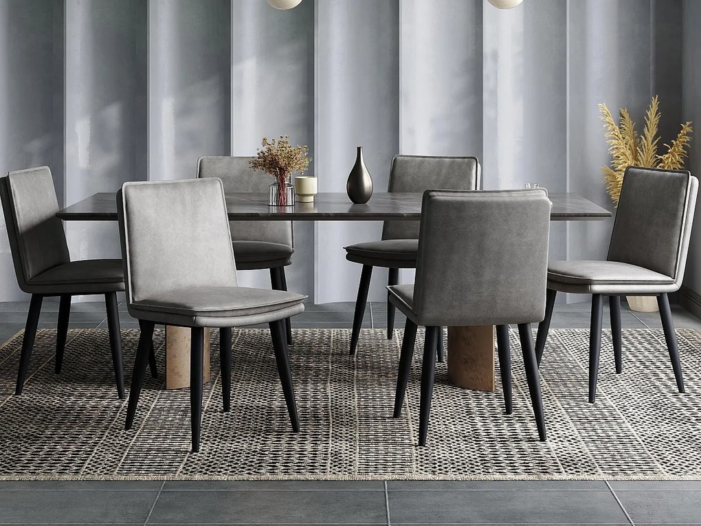 Zestaw 6 krzeseł do jadalni - Podwójne poduszki - Tkanina PU - Nogi metalowe - Szary