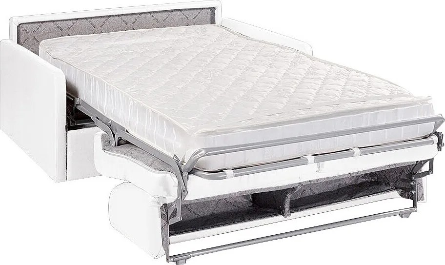 Kanapa 3-osobowa rozkładana typu express z białej ekoskóry z siedziskiem z pianki z pamięcią kształtu - Powierzchnia spania 140 cm - Materac 18 cm CALIFE