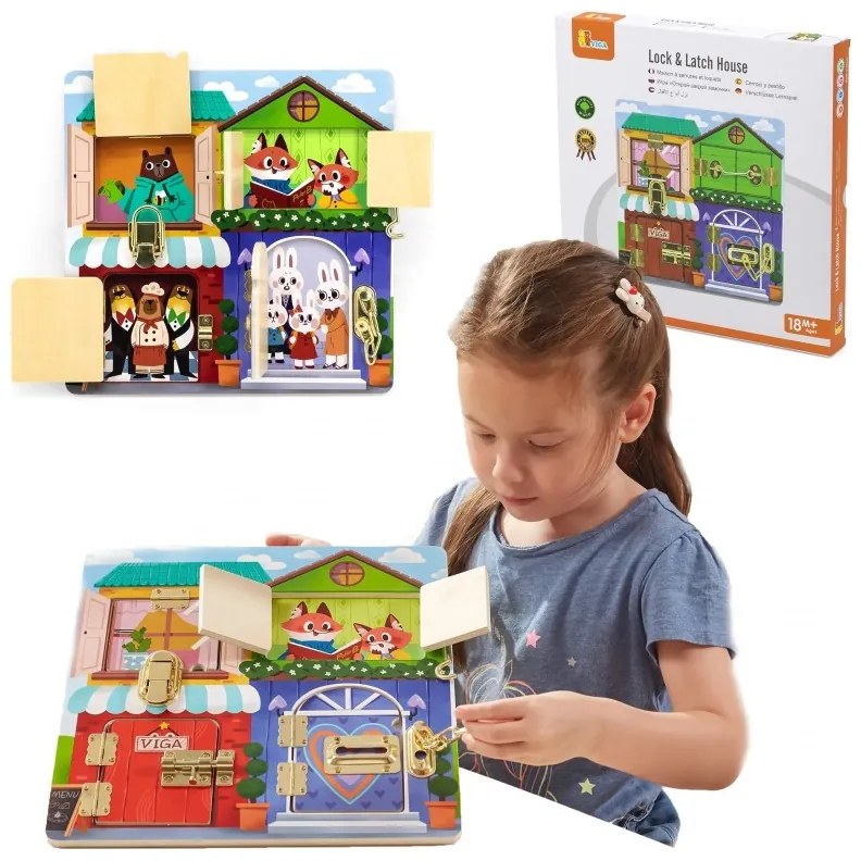 Viga drewniana tablica manipulacyjna otwieranie zamków i zatrzasków domek montessori