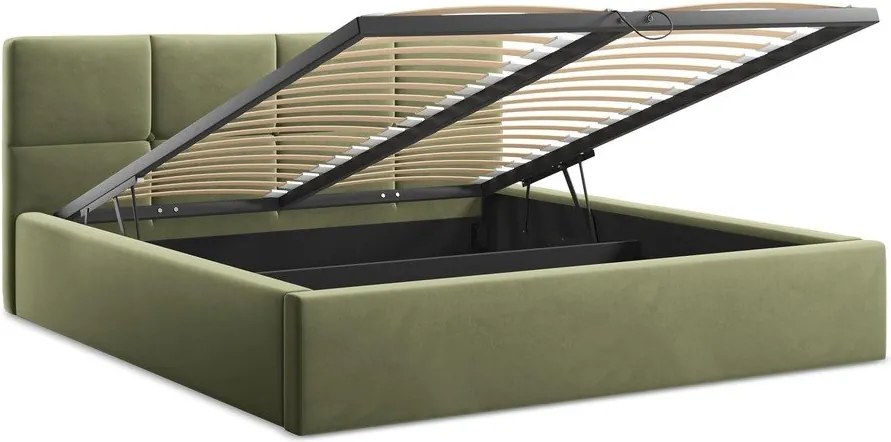 Zielone aksamitne tapicerowane łóżko dwuosobowe ze schowkiem ze stelażem 140x200 cm Hiko – Makamii