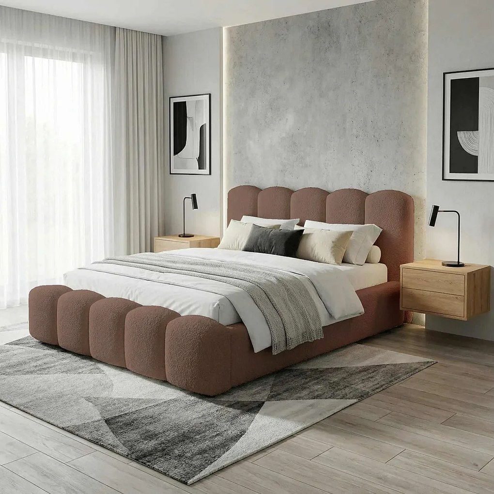 BESILIO Łóżko z grubej pianki 180x200 boucle Milly - łóżko z pojemnikiem i stelażem - Brązowy