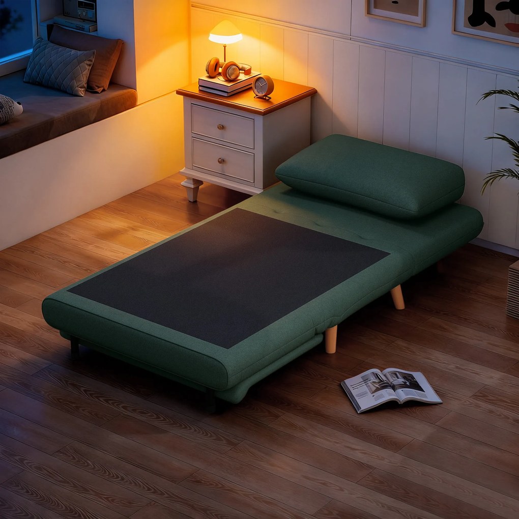 HOMCOM Fotel rozkładany 3w1 z funkcją łóżka regulowane oparcie poduszka nogi bukowe ciemnozielony | Aosom PL