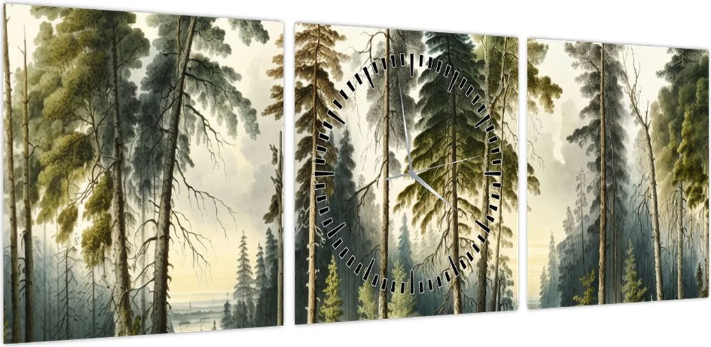 Obraz - Krajobraz lasów w stylu vintage (z zegarem) (90x30 cm)
