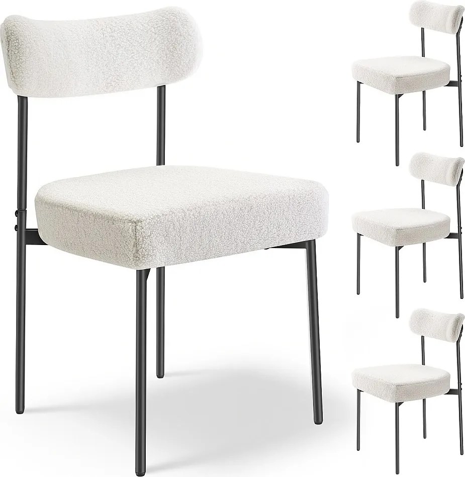 Krzesła do Jadalni Bouclettes SucceBuy, Zestaw 4 Krzeseł Kuchennych Sherpa z Zakrzywionym Oparciem i Metalowymi Nogami, do Stołu Jadalnego, Białe